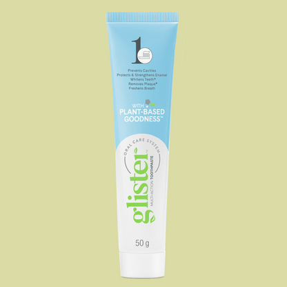 Glistner toothpaste tube on a light green background